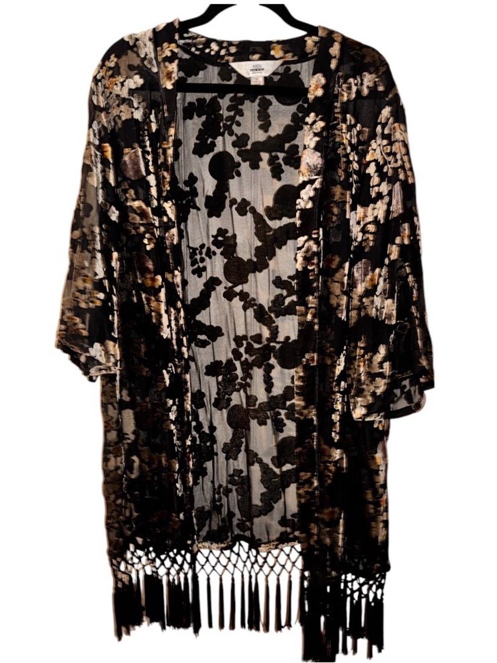 AX Paris Black Sheer Velvet Floral Kimono with Gold Accents and Fringe